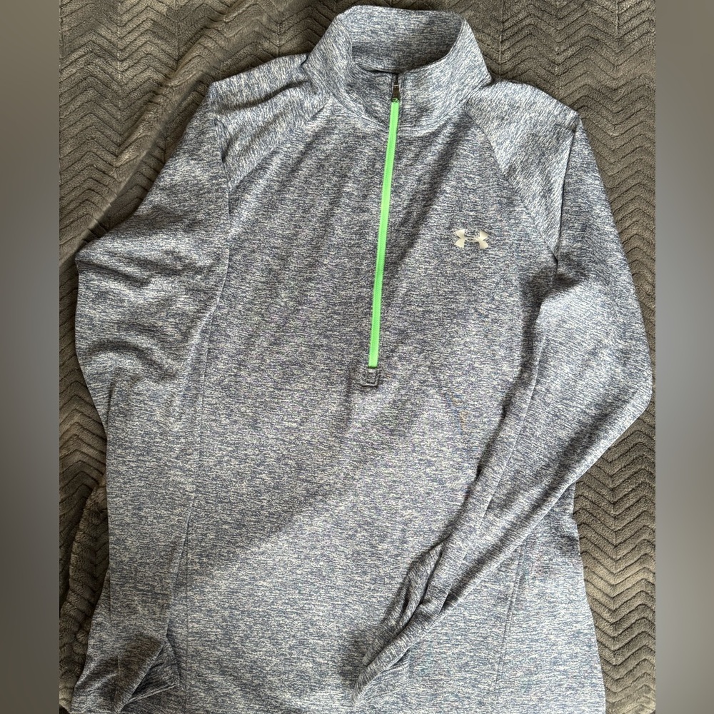 Under Armour BlueHeather 1/4 Zip Pullover with Neon Green Trim; Loose Heat Gear